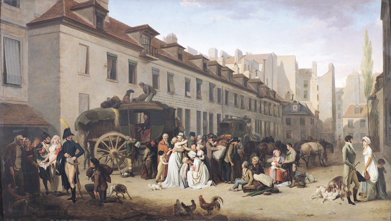 Ankomsten av en dilettantvagn vid terminus, rue Notre-Dame-des-Victoires, Paris av Louis Leopold Boilly