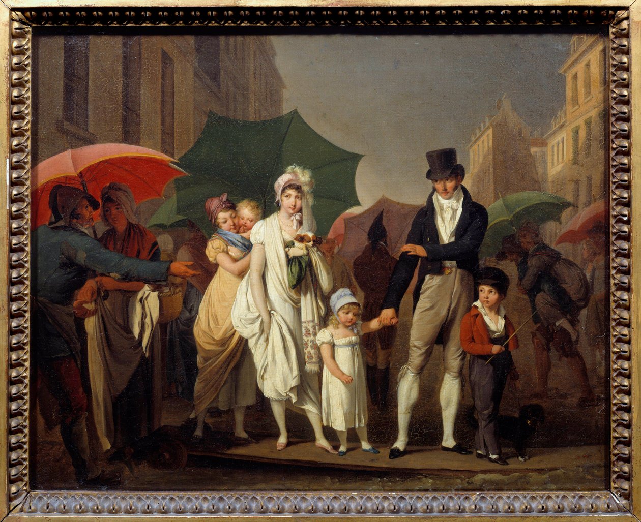 Bourgeois duschar i Paris Premier Empire-mode och skyddar sig mot regnet. Målning av Louis leopold Boilly (1761-1845) 1800-talet sön. 0,32x0,4 m - Regnskuren. Parisare borgerliga klädda i First Empire mode skydda sig fr av Louis Leopold Boilly