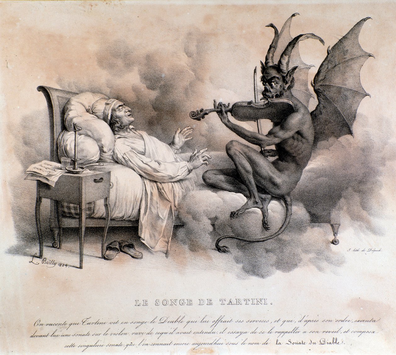 Drömmen om den italienska kompositören Giuseppe Tartini, som såg en djävul spela fiol, som skulle bli Djävulens trillsonat (Illustration) av Louis Leopold Boilly