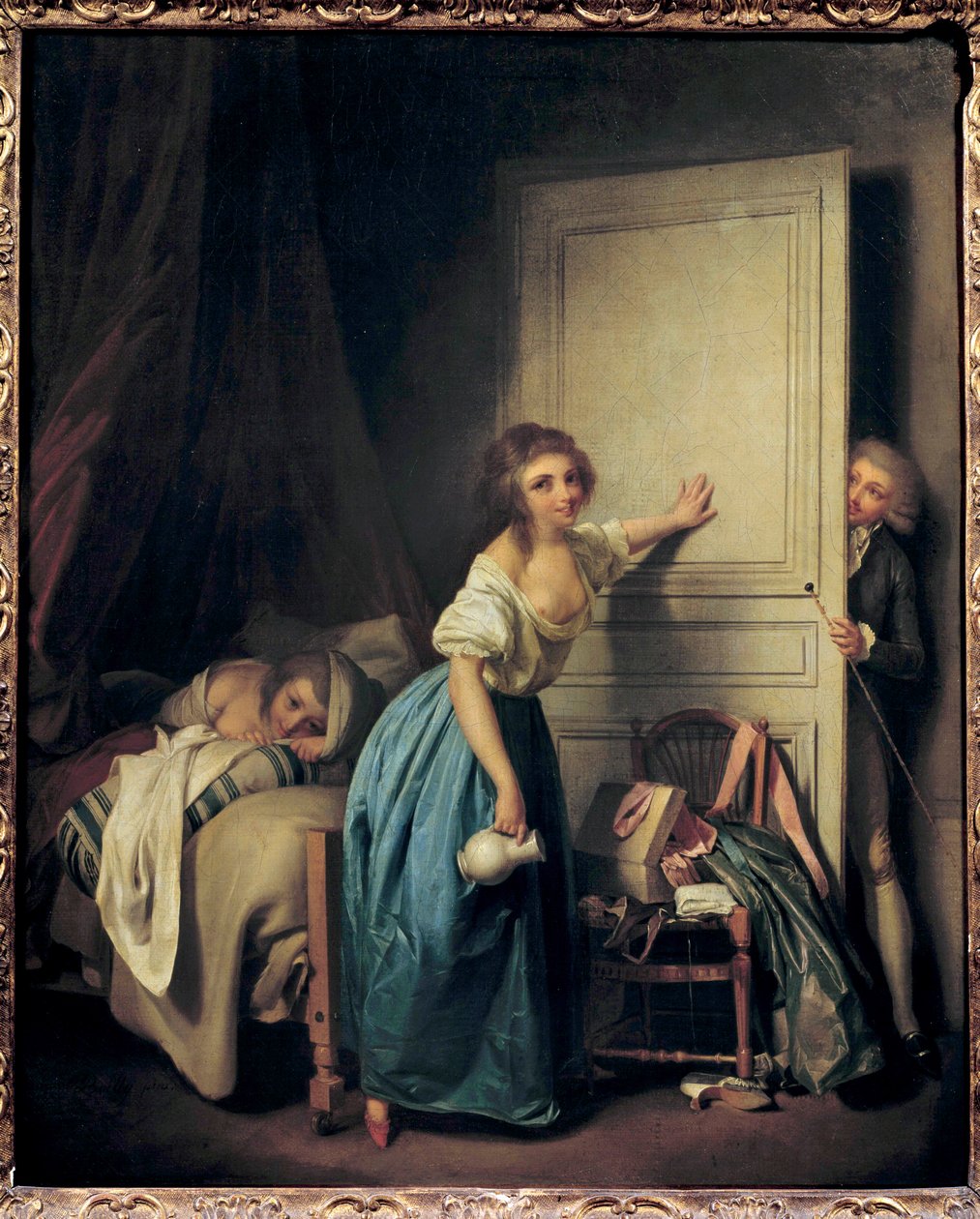 Den nyfikna En nyfiken voyeur som spionerar på två små flickor. Målning av Louis Leopold Boilly (1761-1845). 1700-talet. Paris. Musee Cognacq Jay av Louis Leopold Boilly