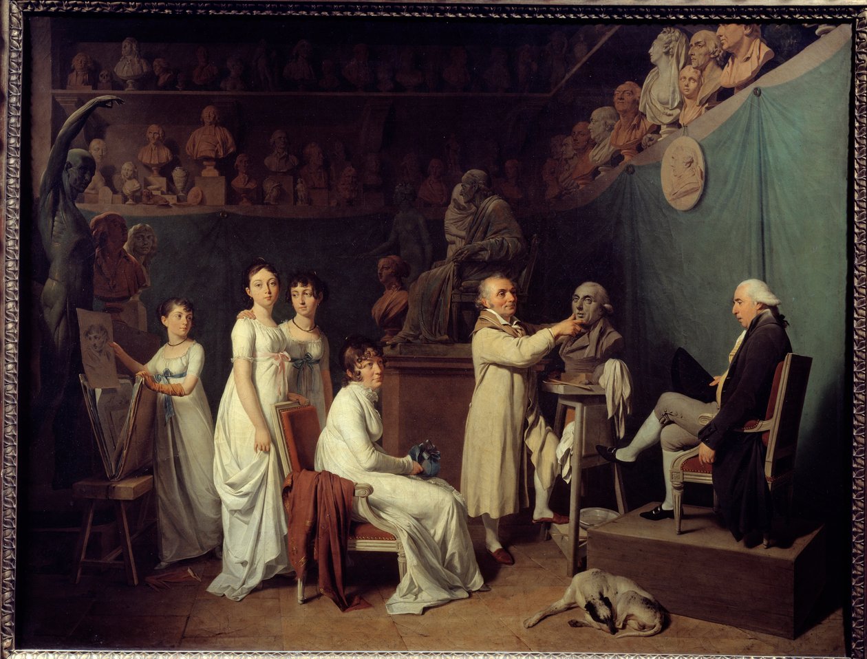 Skulptören Jean Baptiste Houdons (1741-1828) verkstad. Skulptörens modell var matematikern Pierre-Simon Laplace (1749-1827) Marquis de Laplace i närvaro av hans fru och döttrar. Målning av Louis Leopold Boilly (1761-1845) 1804 Paris, De av Louis Leopold Boilly