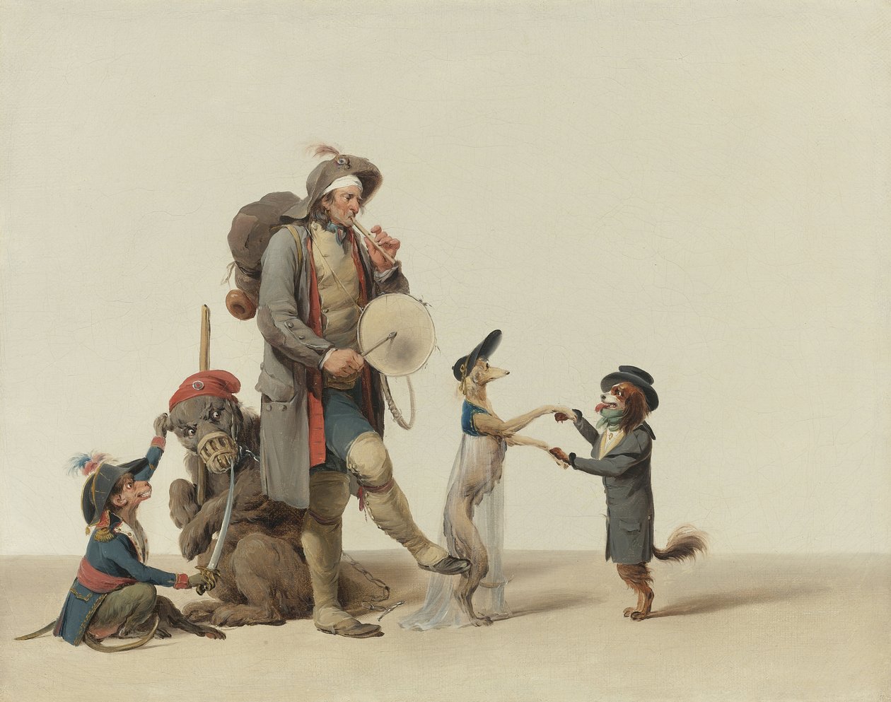 En djurtränare med dansande hundar, en björn och en apa av Boilly, Louis-Leopold (1761-1845). Olja på duk, storlek: 32,4x40,6 cm - Privat samling av Louis Leopold Boilly