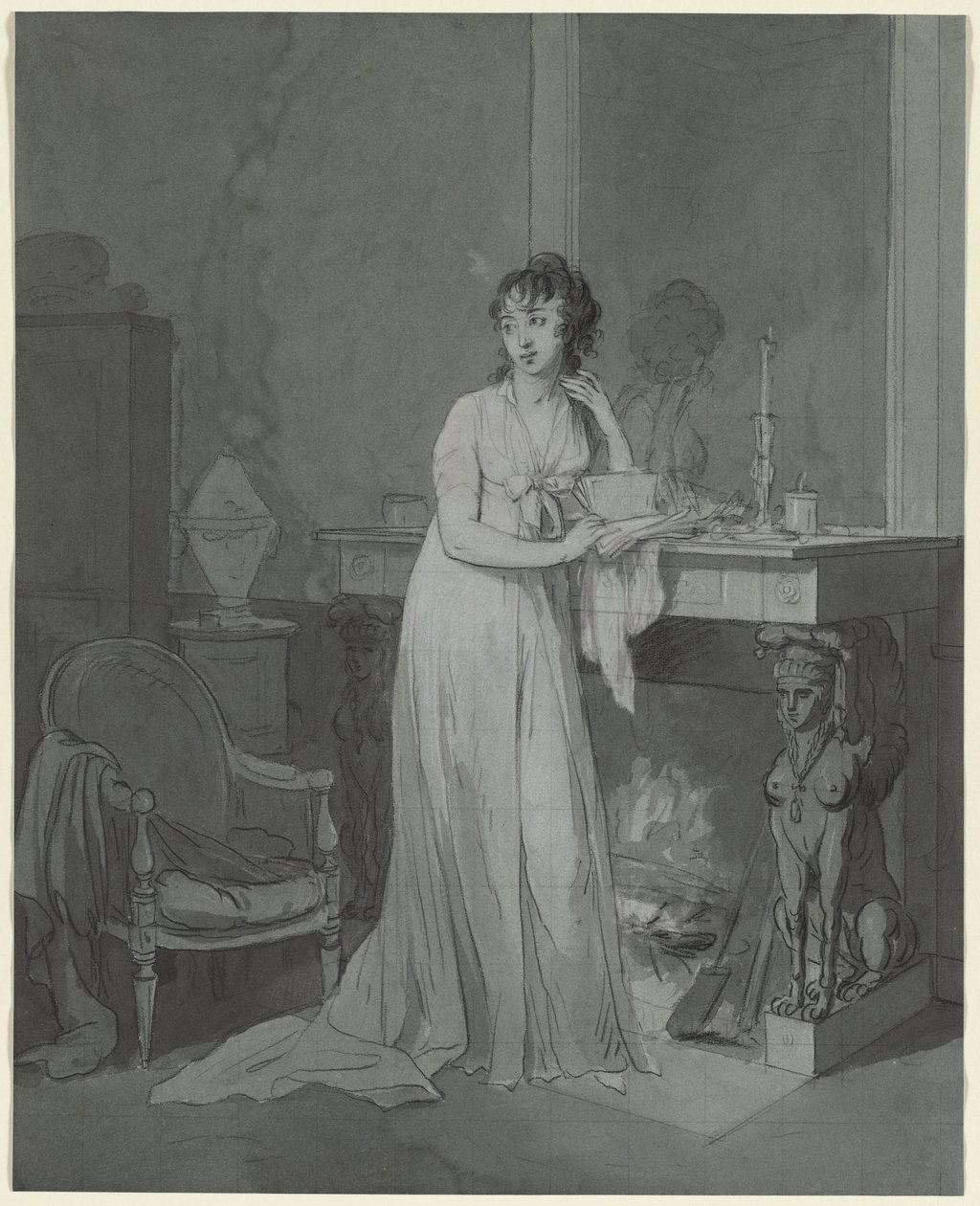 Kvinna framför en öppen spis, ca. 1803. av Louis Leopold Boilly