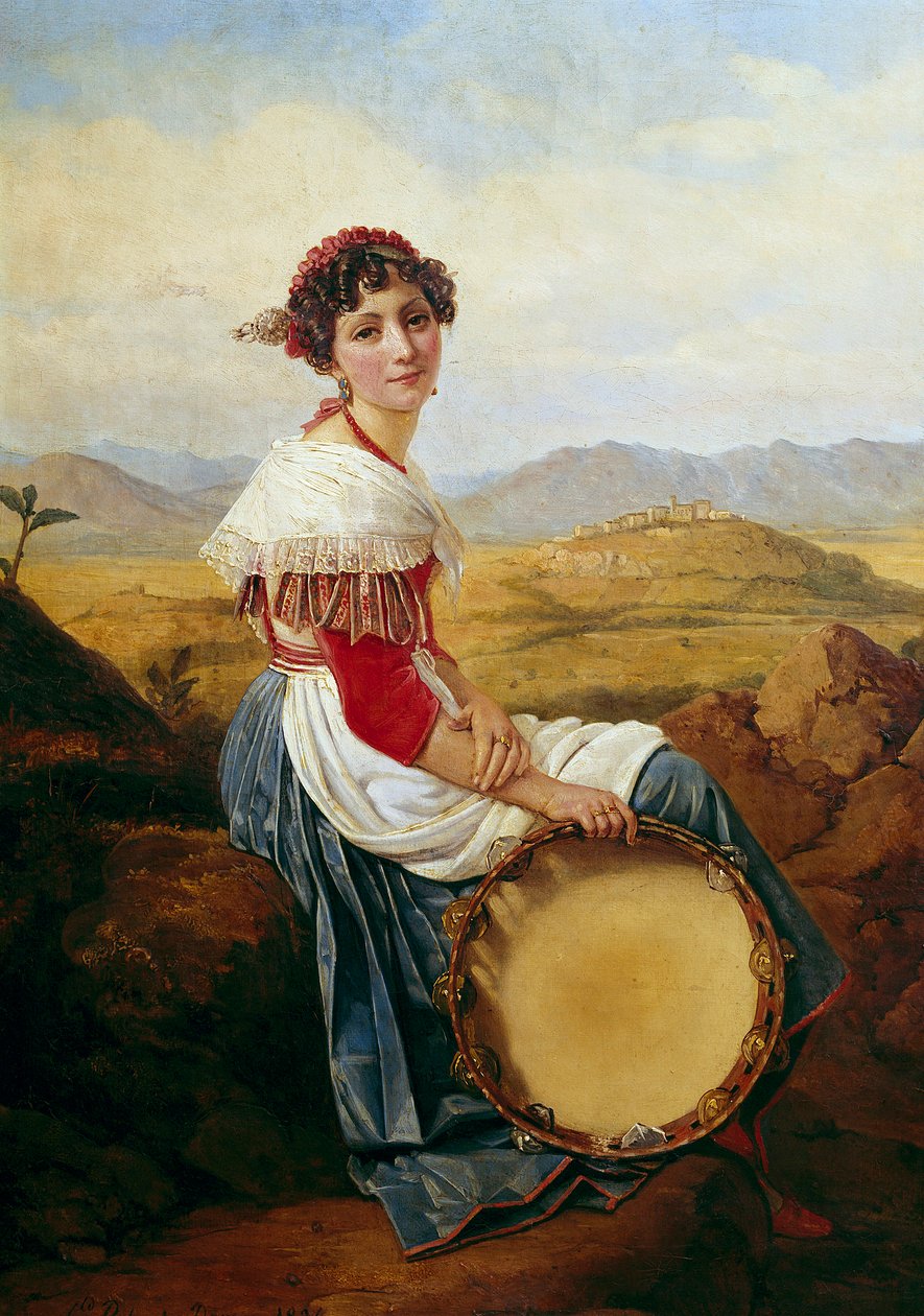 Porträtt av en bonde från Roms landsbygd En ung italiensk musiker som håller en tamburin. Målning av Louis Leopold Robert (1794-1835) 1824 Dim. 0,46 x 0,37 m. av Louis Leopold Robert