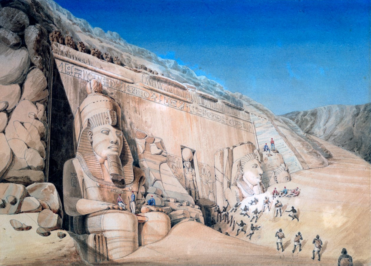 "Utgrävning av Ramses II:s stora tempel, Abu Simbel", 1819 av Louis M. A. Linant de Bellefonds,