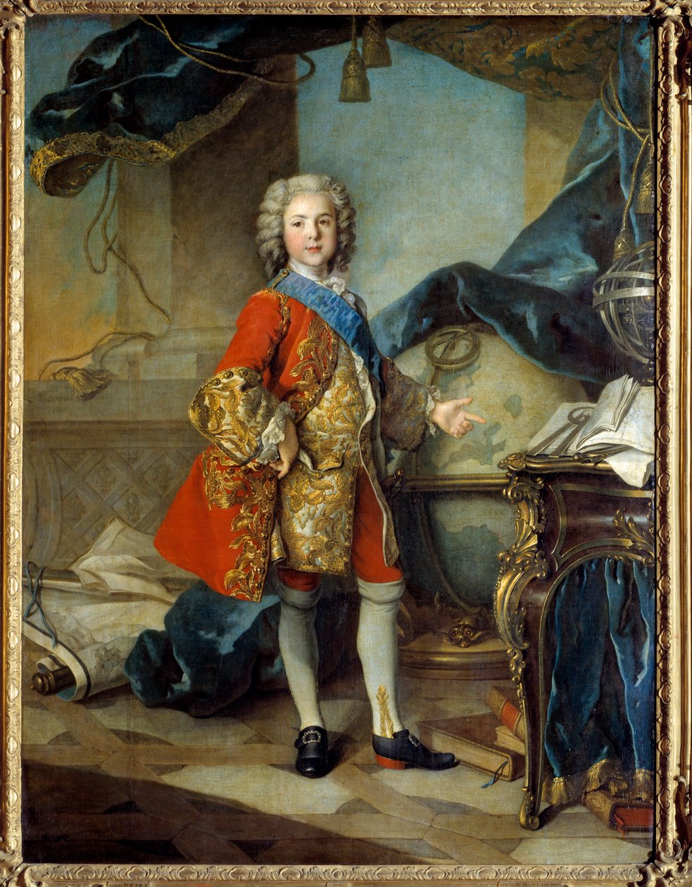 Hellängdsporträtt av Dauphin Louis de France (1729 - 1765) son till Ludvig XV, i hans studiestudio. Målning av Louis Tocque (1696 - 1772) av Louis Tocqué