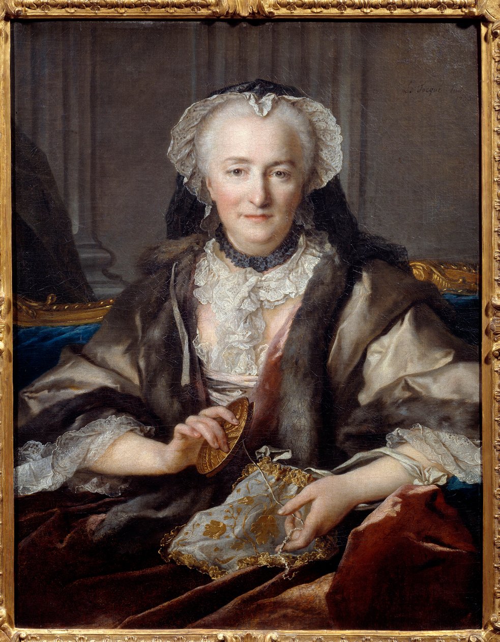 Porträtt av Madame Dange knackar Hon är hustrun till bondgeneralen F. B. Dange du Fay - Målning av Louis Tocque (1696-1772) 1753 Sön. 0,83x0,63 m - Porträtt av Anne Jarry, Madame Dange (1721 gifte hon sig med Francois Balthazar Dange du Fay (1696-1777) av Louis Tocqué