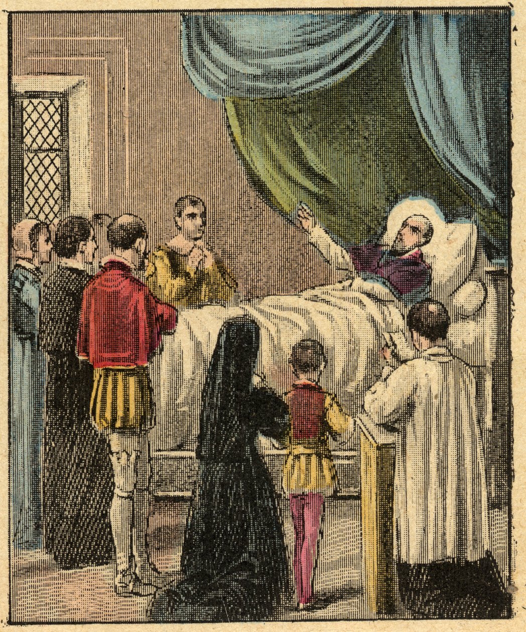 St Francis de Sales död - Saint Francois-de-Sales (Saint Francois de Sales) död (1567-1622) - Gravyr från "" Religiös undervisning vid ögonen. Underbart album” av Louis Maitrejean och Georget Ramond - Frankrike 1910 av Louis Maitrejean