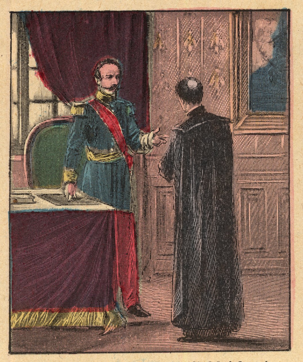 Napoleon III och Louis-Gaston de Segur (Louis Gaston de Segur) (1820-1881) Fransk biskop i Elysee - - Gravyr från "" Religiös undervisning vid ögonen. Underbart album” av Louis Maitrejean och Georget Ramond - Frankrike 1910 av Louis Maitrejean