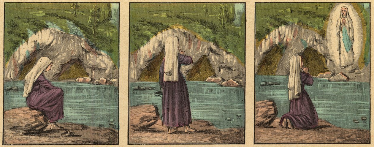Jungfru Marias uppenbarelse i Lourdes - Jungfrun visar sig för Bernadette Soubirous (1844-1879) i Lourdes 1858 - - Gravyr från "" Religiös undervisning med ögonen. Underbart album” av Louis Maitrejean och Georget Ramond - Frankrike 1910 av Louis Maitrejean
