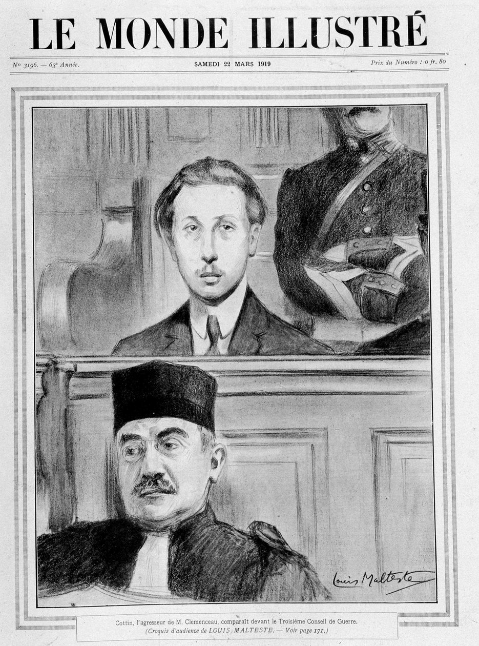 Domscen. "" Eugene Cottin, Georges Benjamin Clemenceaus angripare, dök upp före det 3:e krigsrådet"" (skiss av publiken av Louis Malteste) - i "" Le Monde Illustré"" av 1919-02-15 av Louis Malteste