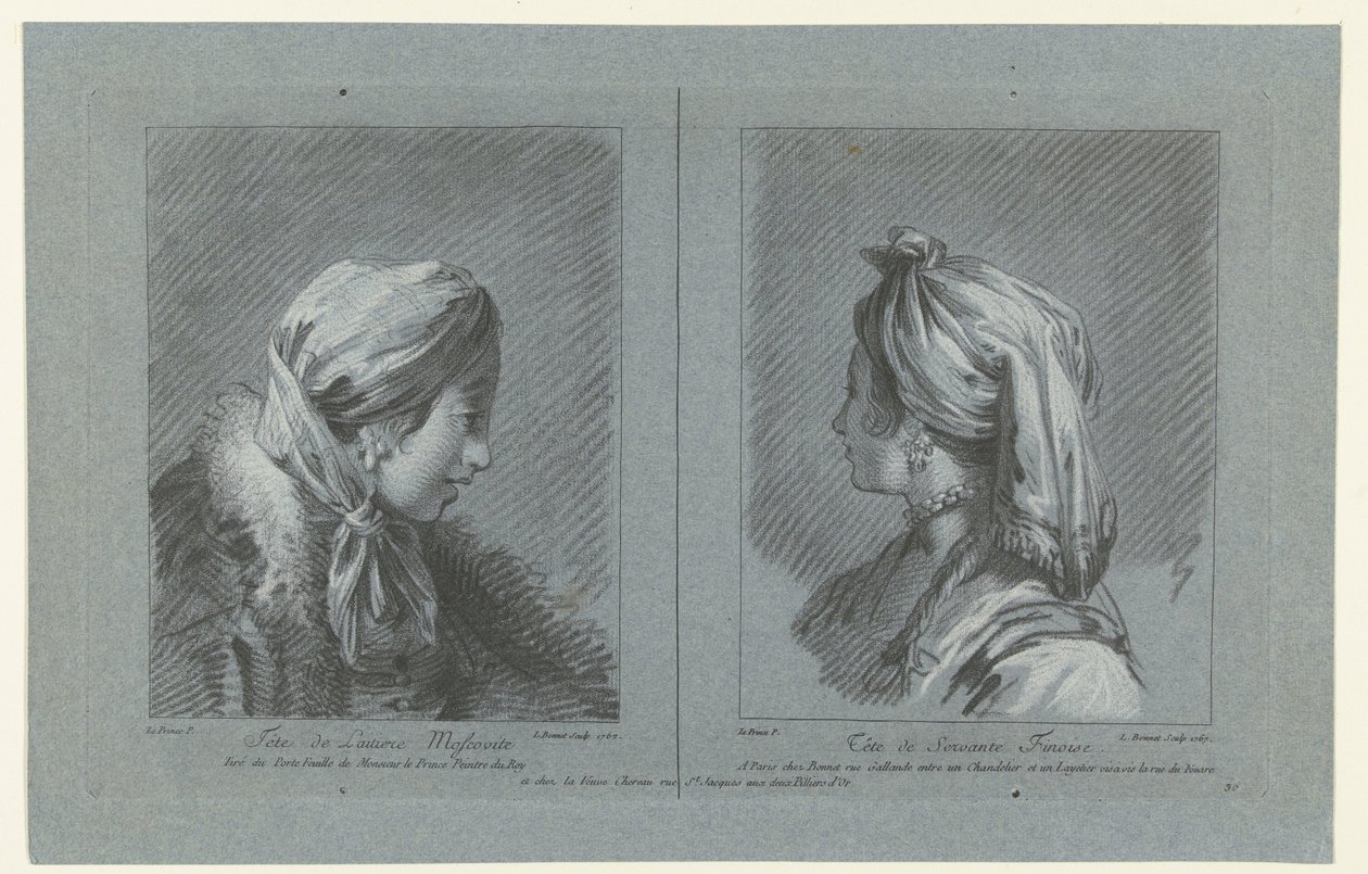 Porträtt av en Moskovig mjölkjungfru och en finsk piga Tête de laitiere Moscovite (titel på objekt) Tête de Servante Finoise (titel på objekt) av Louis Marin Bonnet
