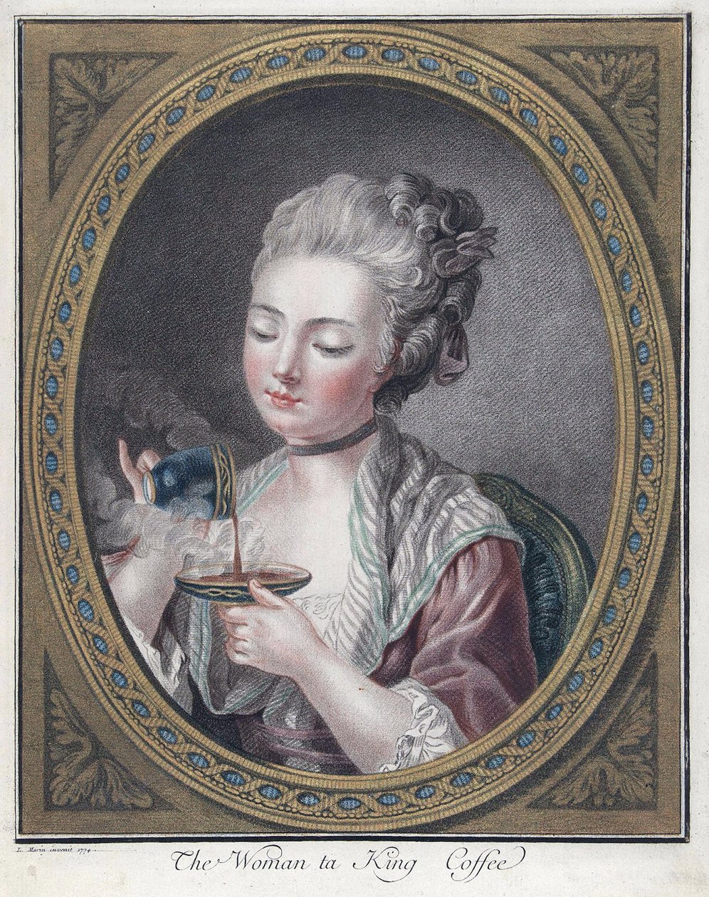 Kvinna som tar kaffe - Bonnet, Louis-Marin (1743-1793) - 1774 - Etsning, akvarell - 28,7x23,4 - Privat samling av Louis Marin Bonnet