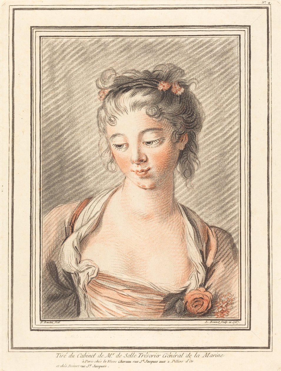 Byst av en ung kvinna som tittar ner av Louis Marin Bonnet after François Boucher