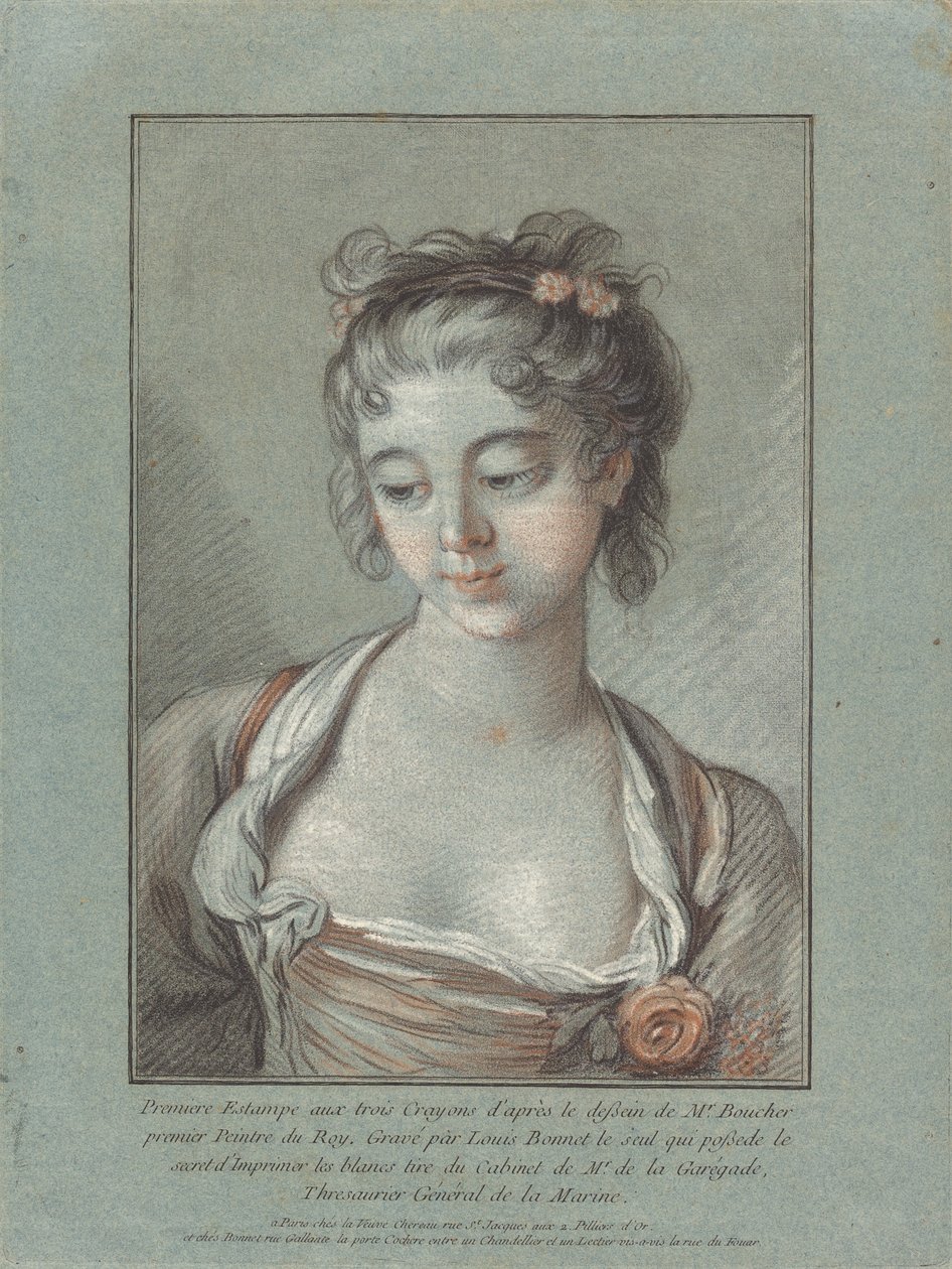 Byst av en ung kvinna som tittar ner av Louis Marin Bonnet after François Boucher