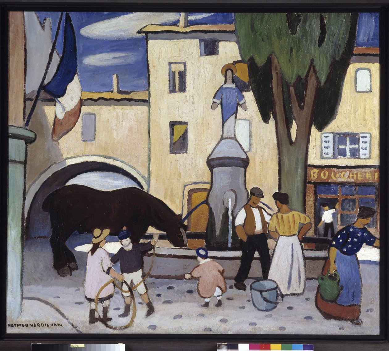 Fontänen Trets med en svart häst Målning av Louis-Mathieu Verdilhan (1875-1928) 1900-talet Obligatoriskt omnämnande: Samlingsstiftelsens hälsningar från Provence, Marseille av Louis Mathieu Verdilhan