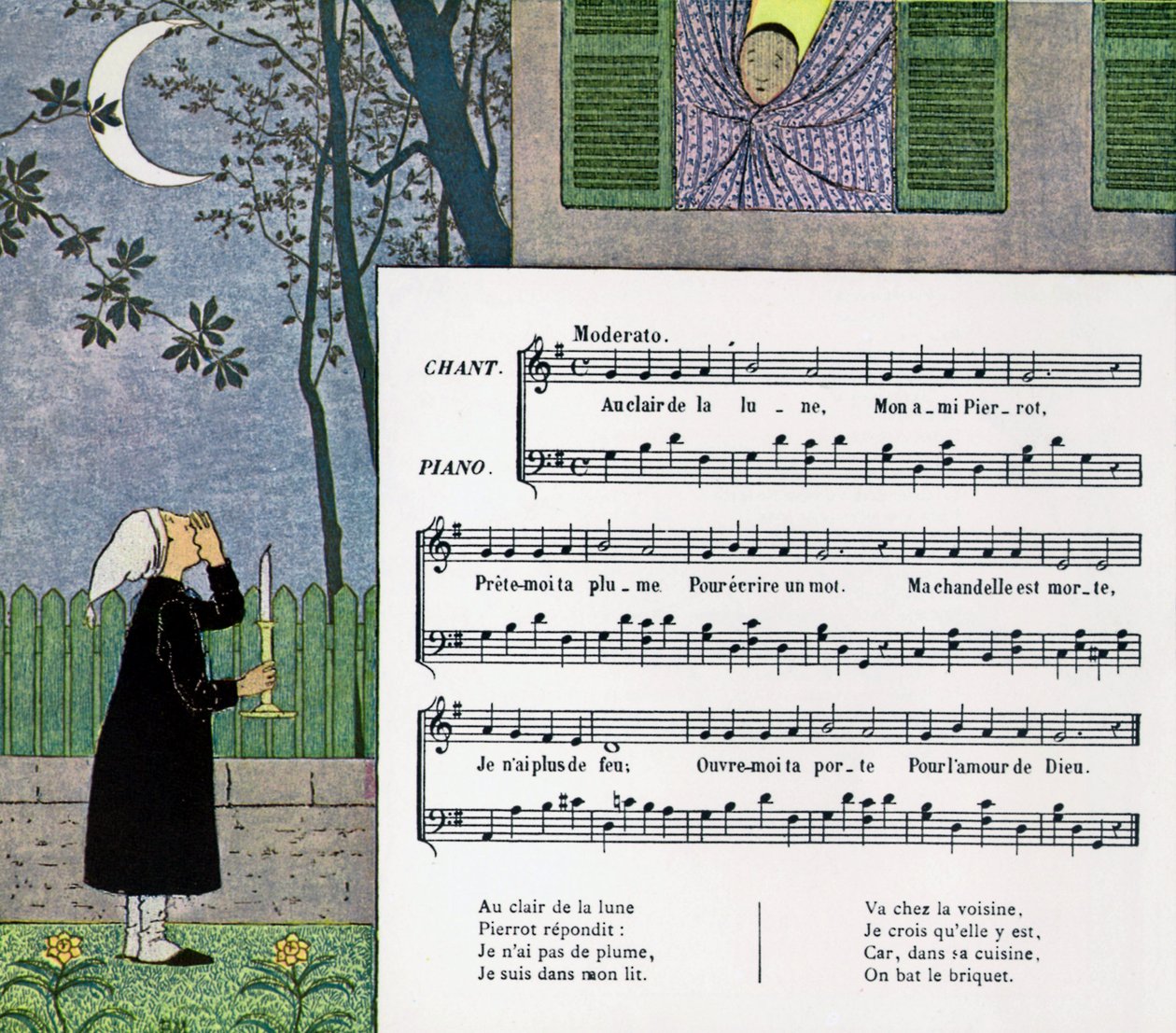 Partitur och illustration av barnsången "At Moonlight" av Louis Maurice Boutet de Monvel