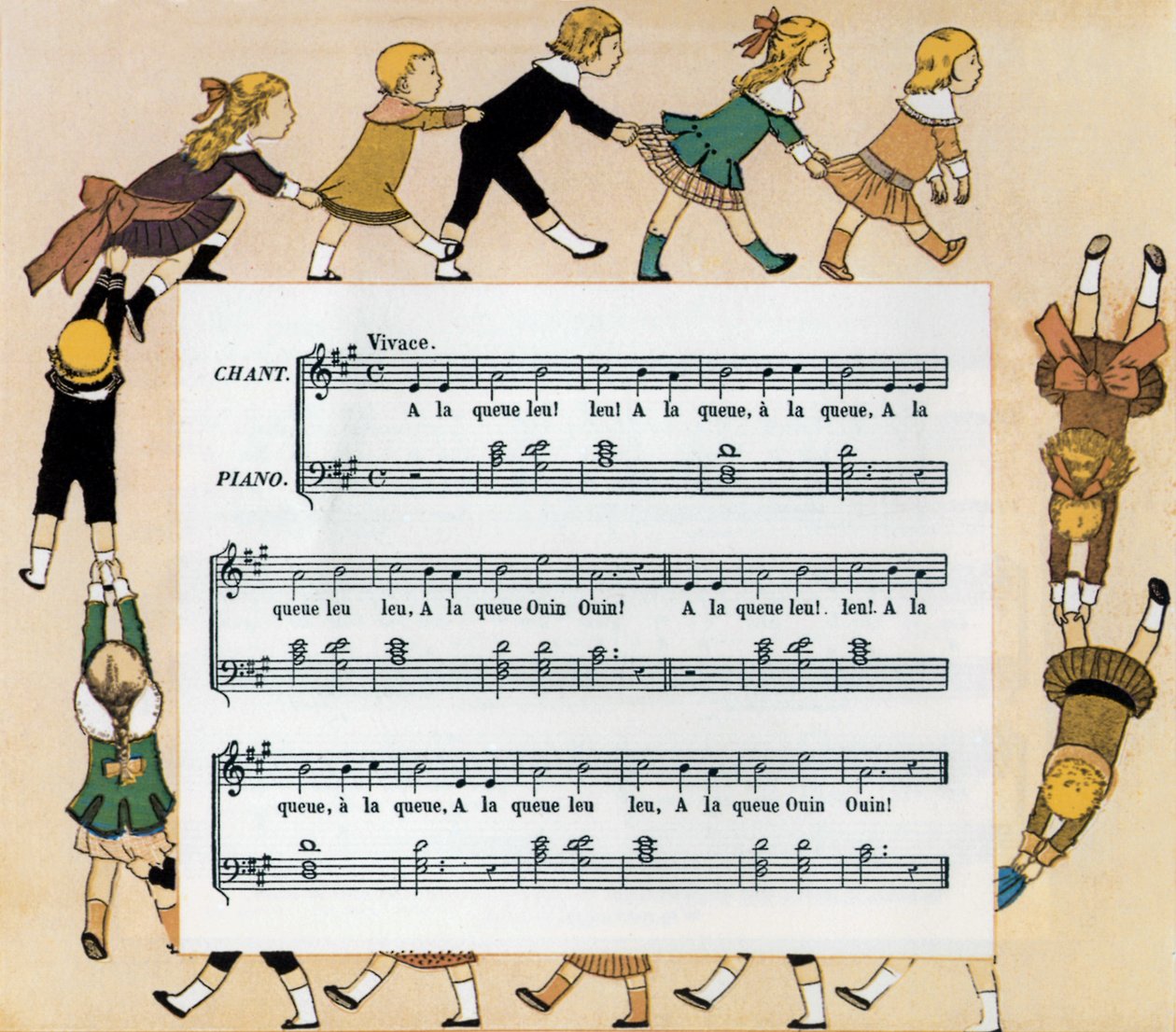 Partitur och illustration av barnsången "In Single File" av Louis Maurice Boutet de Monvel