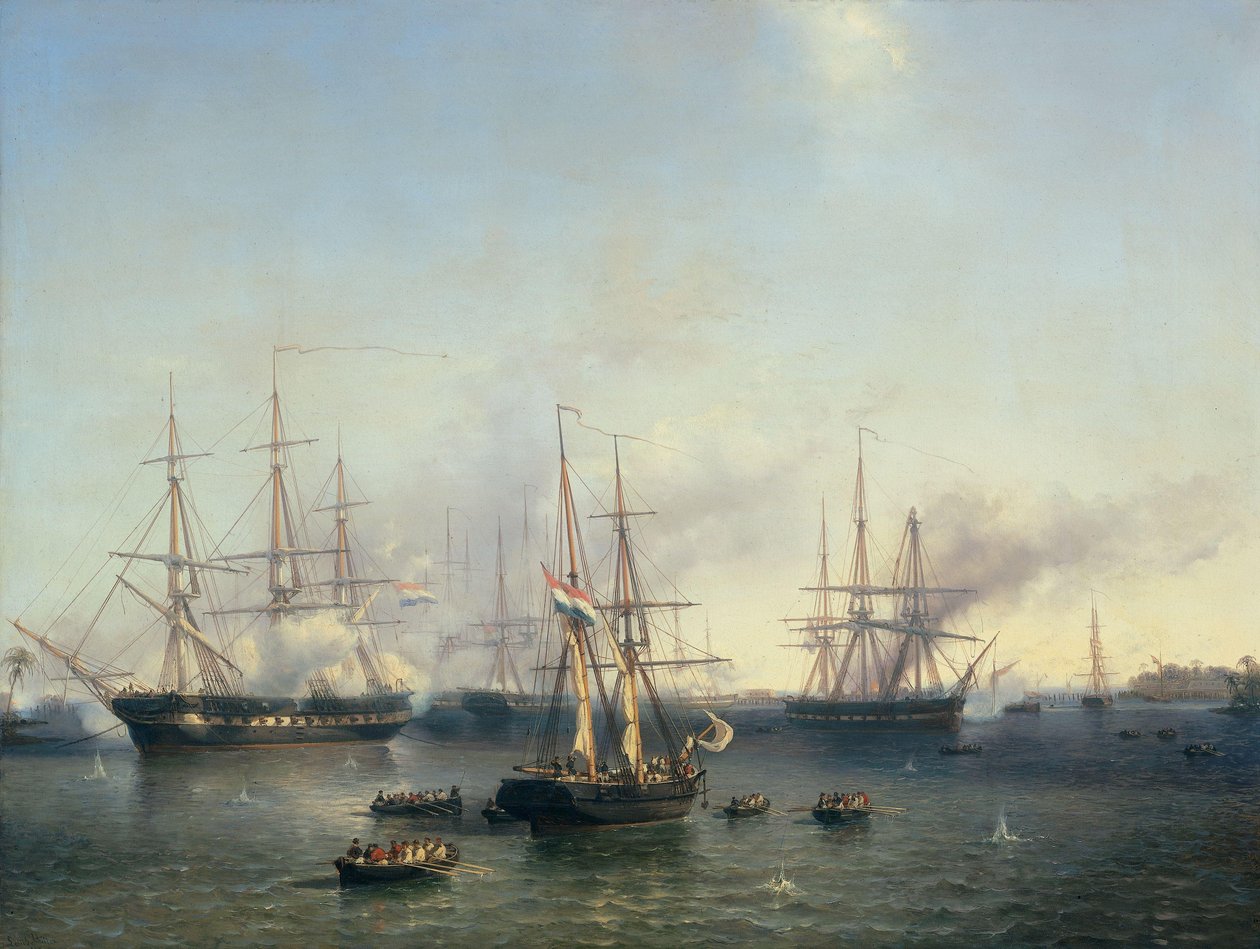 Erövringen av Palembang, Sumatra i Indonesien, av generallöjtnant De Kock, 24 juni 1821 av Louis Meijer (signed by artist)