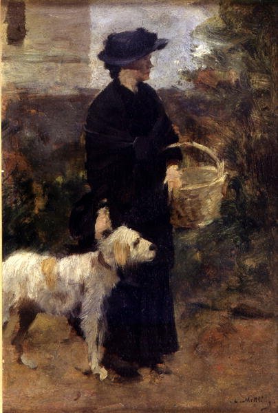 En morgonpromenad (olja på panel) av Louis Mettling