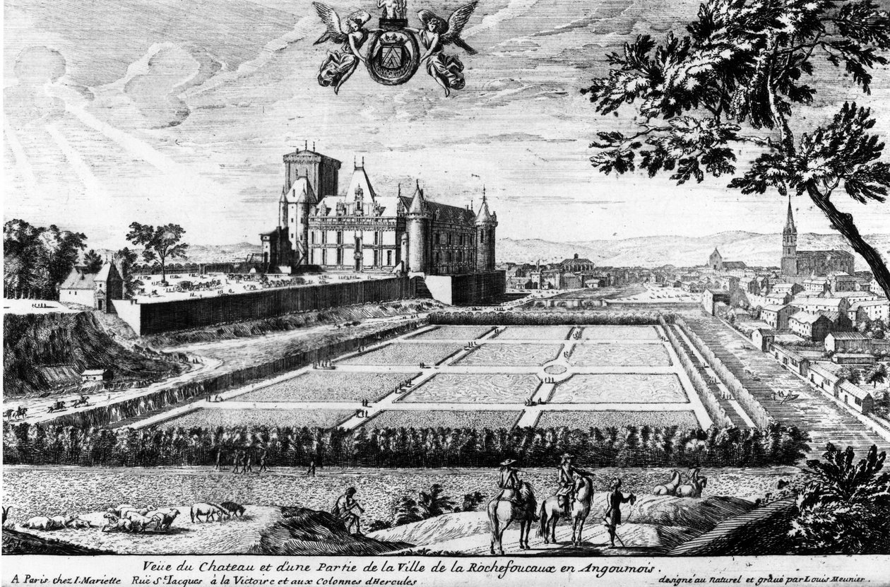 Chateau de la Rochefoucauld i Liancourt; gravyr av Louis Menier - Familjearkiv. av Louis Meunier