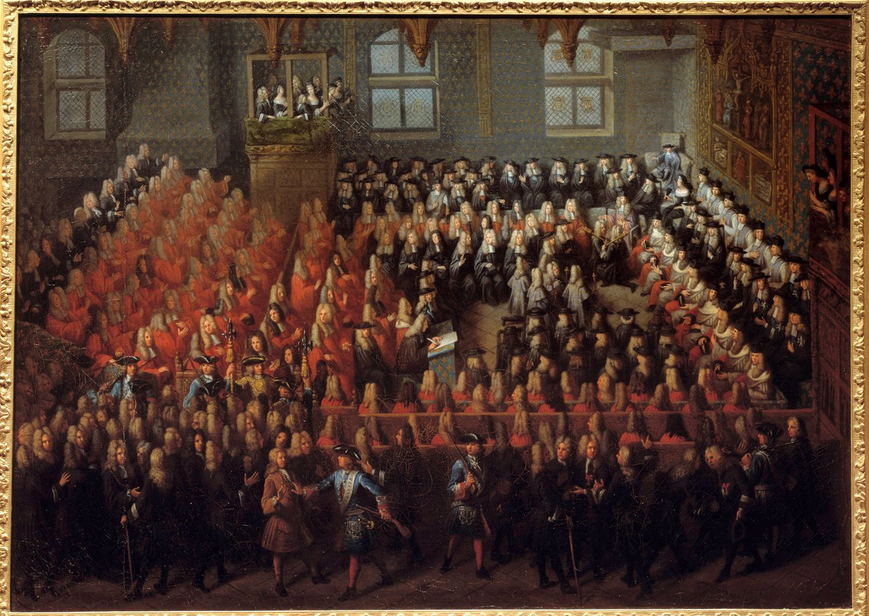 Rättvisans bädd som innehas av Ludvig XV (1710-1774) i Storkammaren i Paris parlament för att bryta Ludvig XIV:s vilja (1638-1715) av Louis Michel Dumesnil