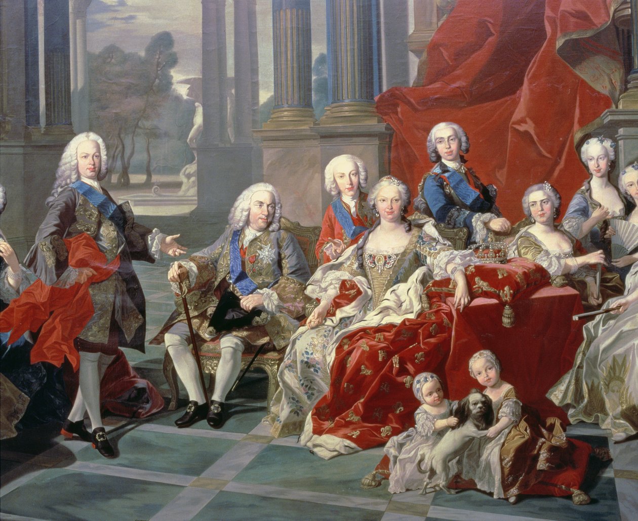 131 0794093/1 Familjen till Philip V av Spanien (1683-1746) detalj som visar kungen, hans andra fru Elizabeth Farnese och den framtida Ferdinand VI av Louis Michel van Loo