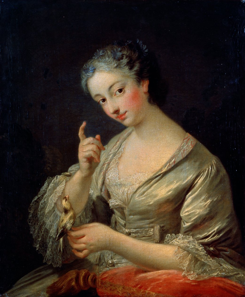 Dam med en fågel, 1700-talet. av Louis Michel van Loo