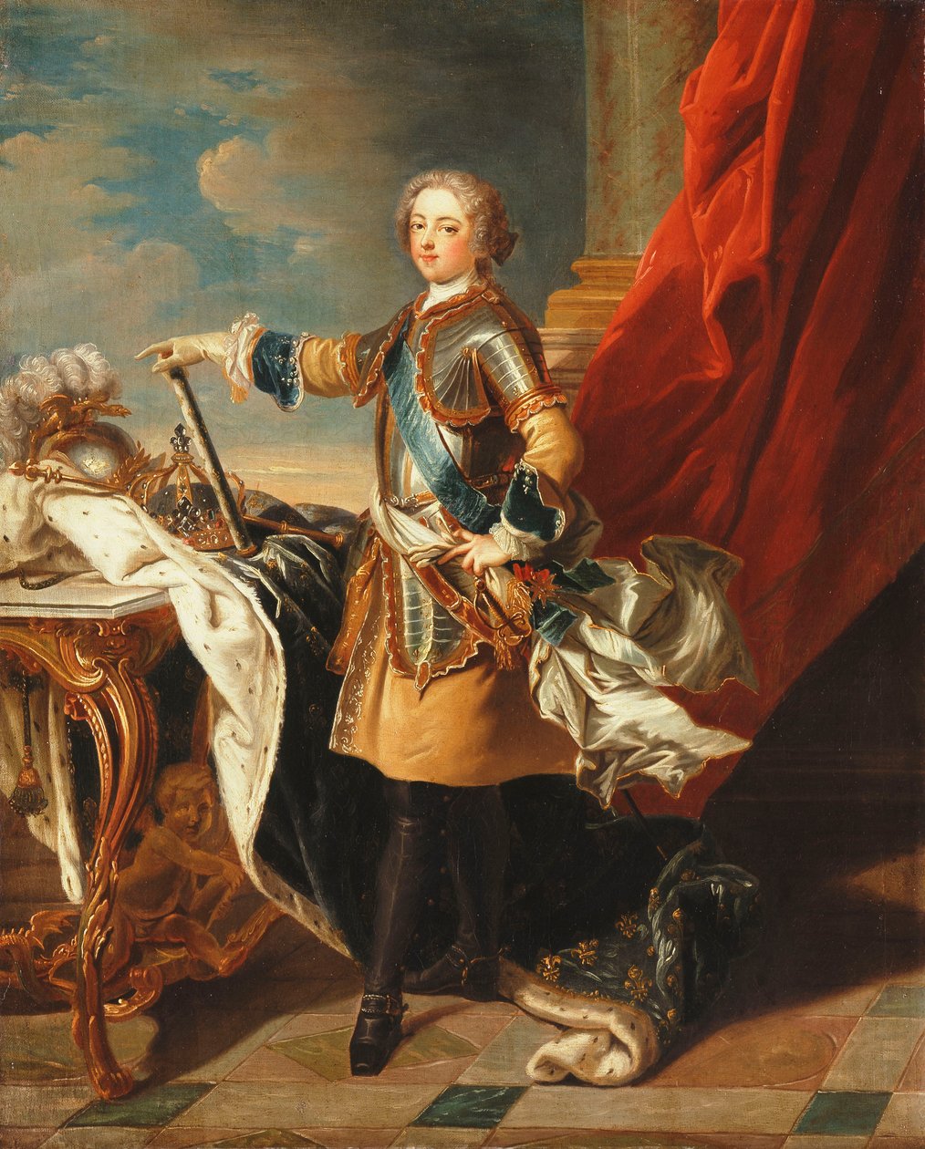 Porträtt av kung Ludvig XV, i full längd, iklädd halv rustning, av Louis Michel van Loo