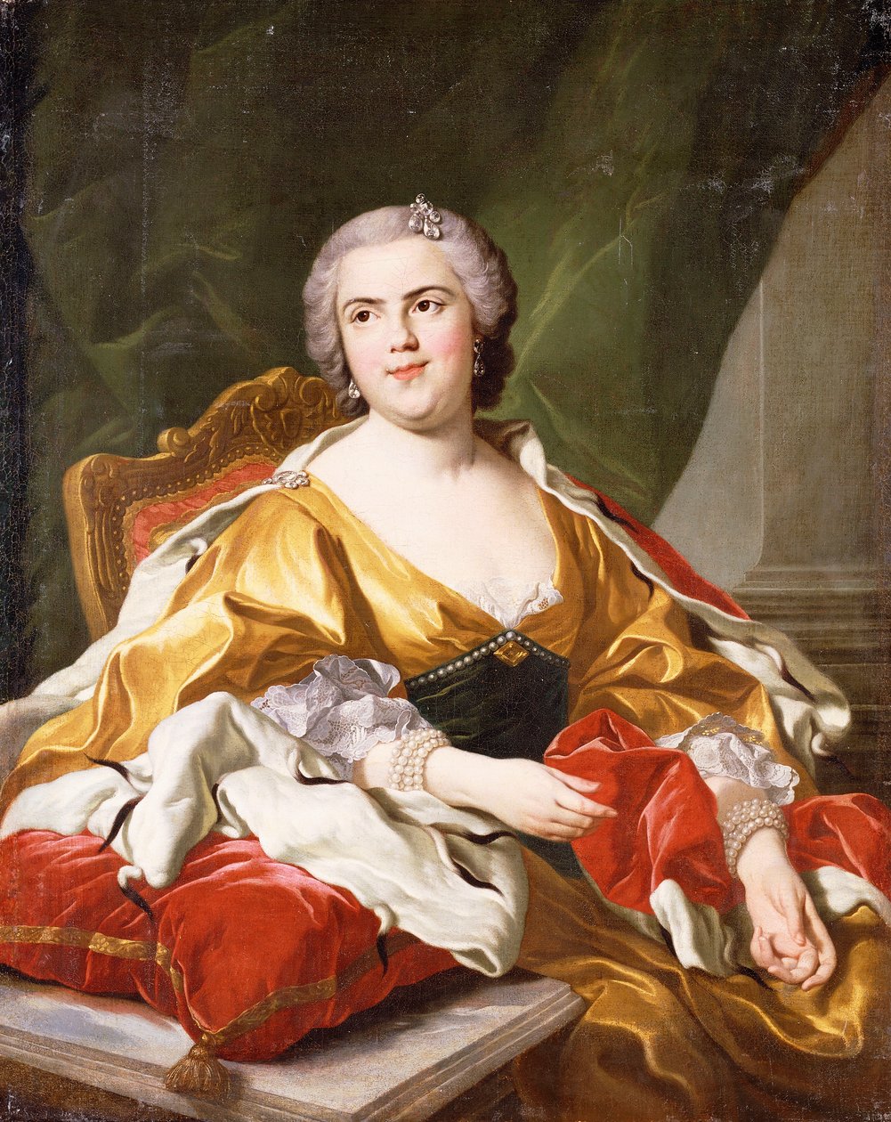 Porträtt av Louise Elisabeth de Bourbon, hertiginna av Parma, sittande, tre fjärdedels längd, av Louis Michel van Loo