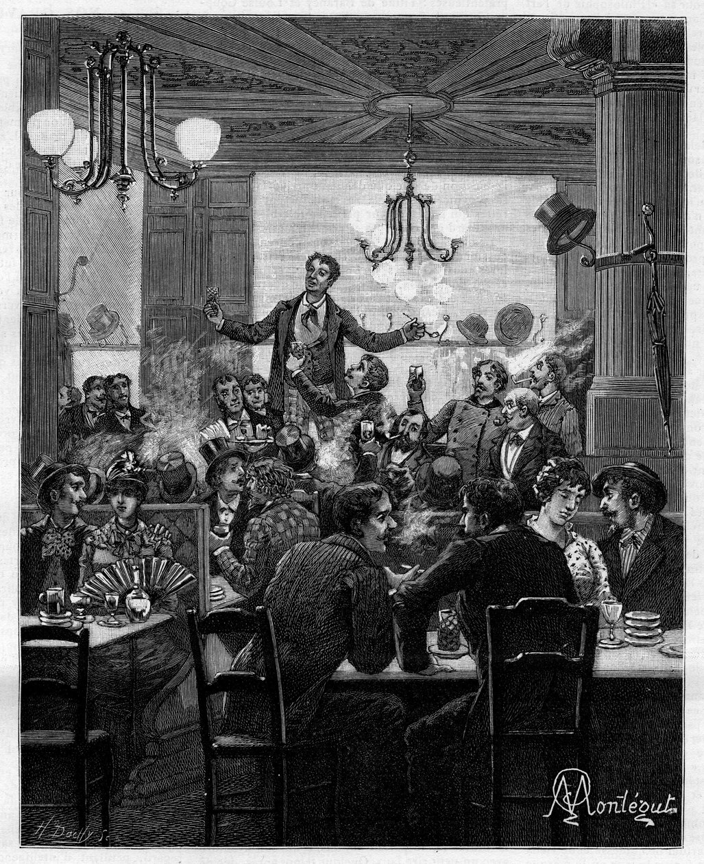 I mitten, på ett bord, leder Desroches charivari. Scen på ett parisiskt kafé: människor sjunger, dricker, röker, chattar och flirtar runt bord. I "" Trento ans de Paris"" självbiografisk samling av Alphonse Daudet (1840-1897). Gravyr efter Monteguts av Louis Montegut