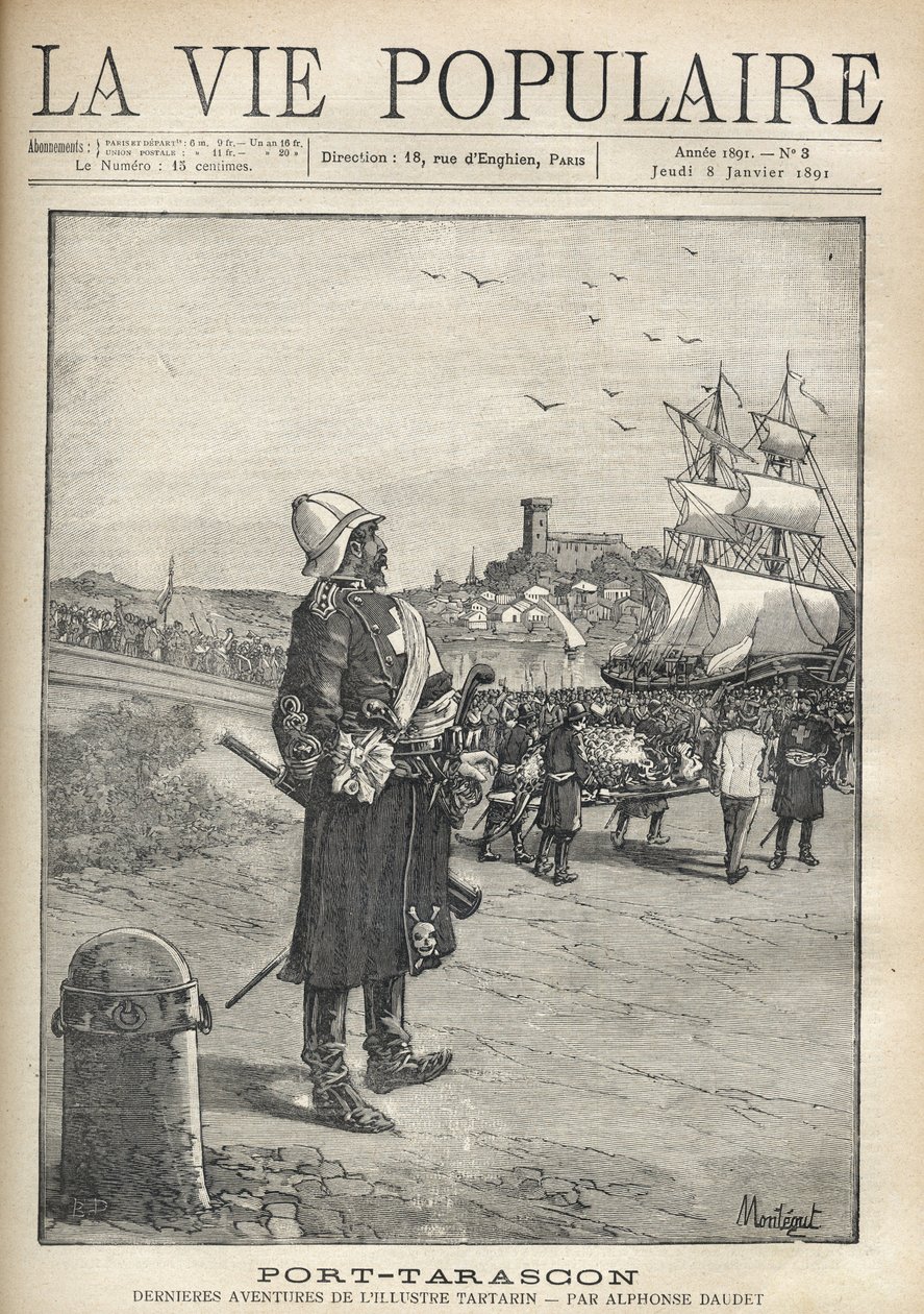 Man som observerar en förorening av Tarasque i hamnen på ön Port Tarascon. Illustration av Montegut för "Port-Tarascon" av Alphonse Daudet (1840-1897). Gravyr från 1891 i "La vie populaire". Privat samling av Louis Montegut