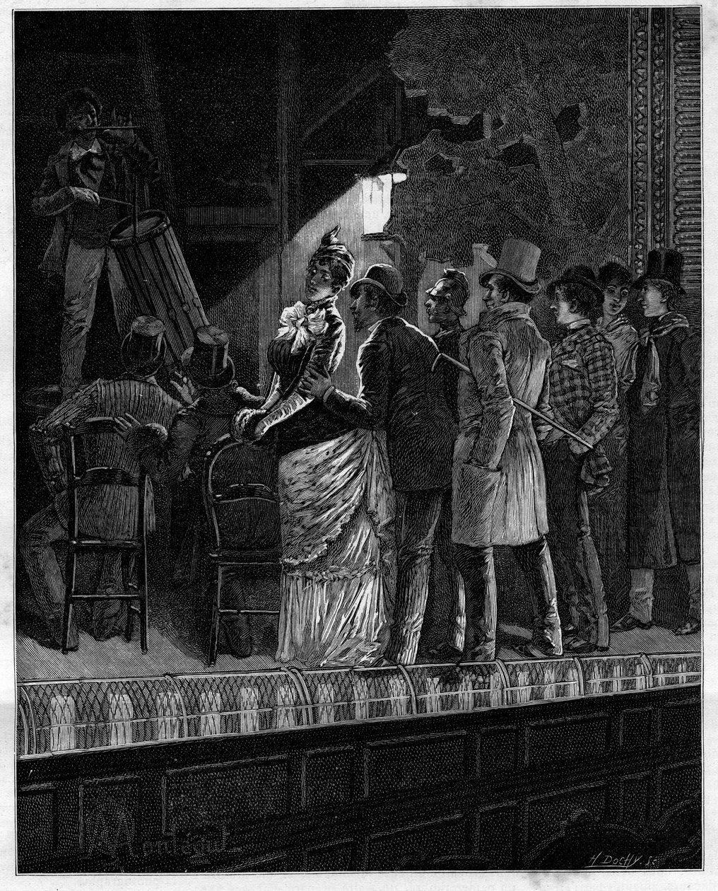 Vilken effekt, herregud, gav den här skeptiska publiken denna rustika musik... Åskådare som lyssnar på en trumspelare. I "" Trento ans de Paris"" självbiografisk samling av Alphonse Daudet (1840-1897). Gravyr efter Monteguts illustrationer i "" Le av Louis Montegut