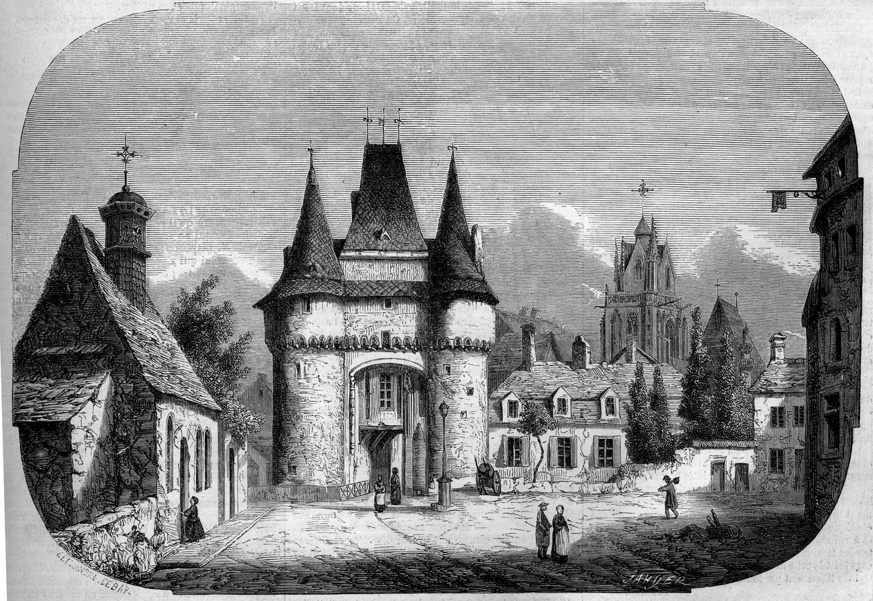 Arkitektur: utsikt över porten Saint Julien (1460-1483), I bakgrunden utsikt över den gotiska kyrkan Notre Dame des Marais (1450-1623). La Ferte Bernard, Sarthe (72) av Louis Moullin