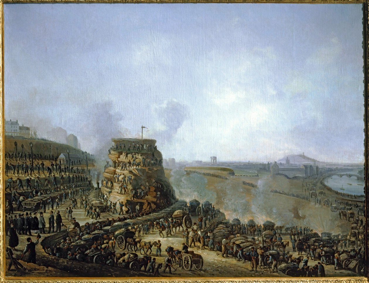 Kejsar Napoleon III och kejsarinnan Eugenie besöker Chaillot Hill ... (målning på duk) av Louis Moullin