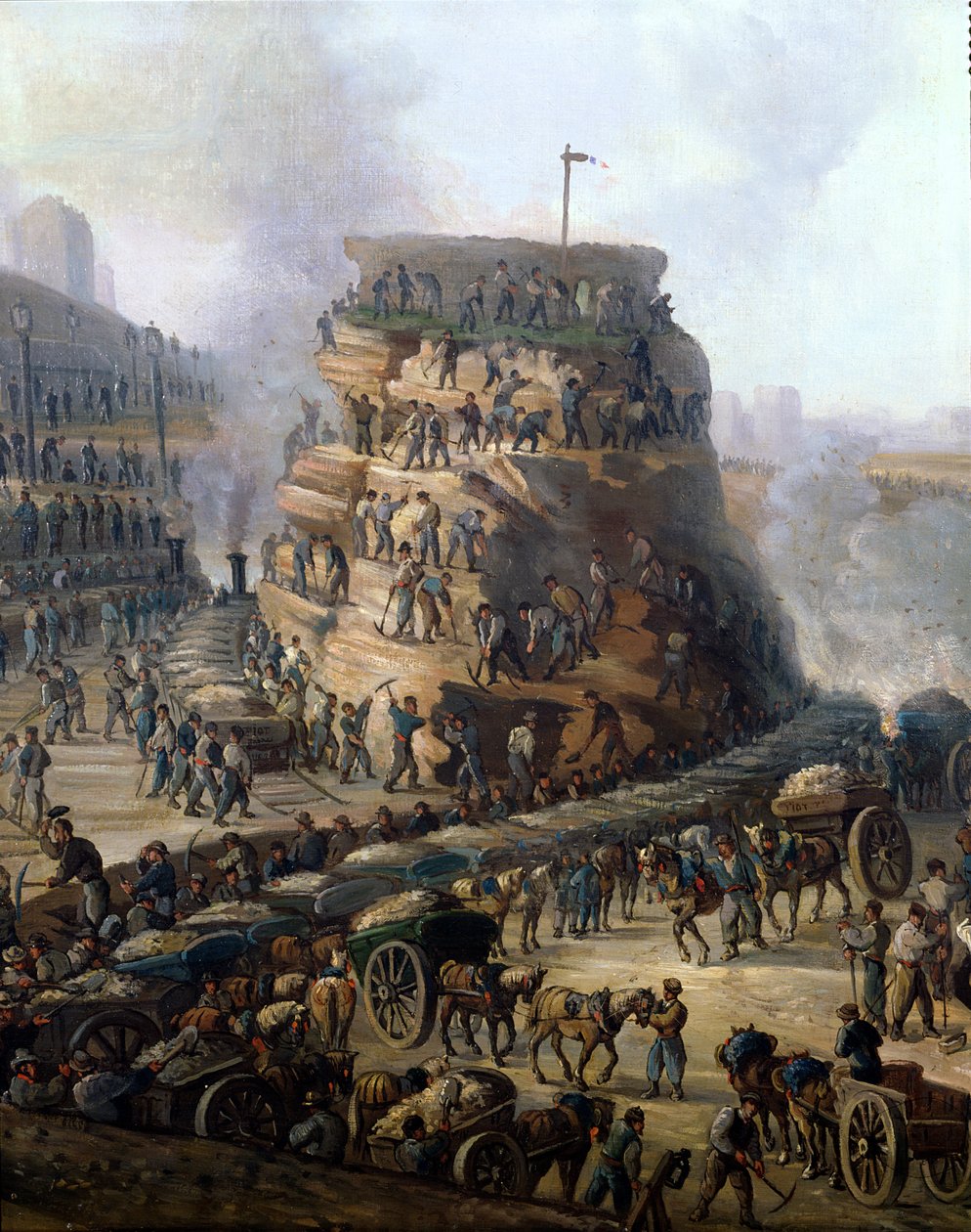 Kejsar Napoleon III (1808-73) och kejsarinnan Eugenie (1829-1920) besöker Chaillotkullen som håller på att jämnas med marken, 1867 (detalj). av Louis Moullin