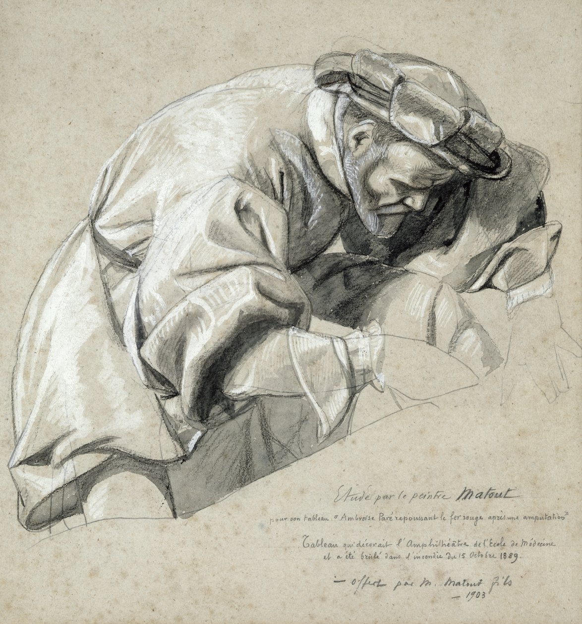 Studie av Ambroise Pare (ca 1510-90) "Fader of Modern Surgery" (kol och vit kritatvätt på papper) av Louis Nicolas Matout