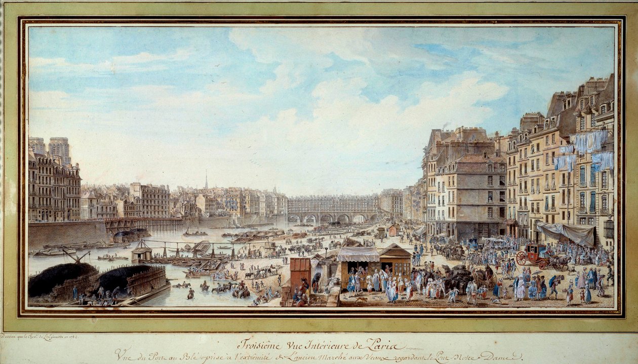 Utsikt över hamnen vid valen tagen från då gamla Marche aux veaux mot bron Notre-Dame i Paris Akvarell av Louis Nicolas de Lespinasse (1734-1808). 1782. Paris, Musee Carnavalet av Louis Nicolas de Lespinasse