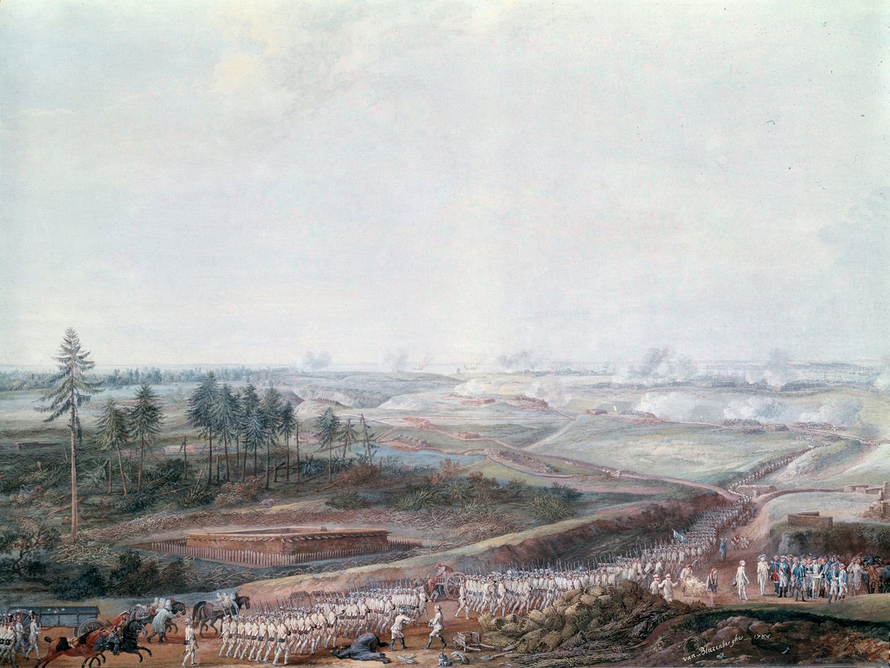 Amerikanska revolutionskriget: Slaget vid Yorktown (eller York Town) den 10/19/1781, detalj av Louis Nicolas van Blarenberghe
