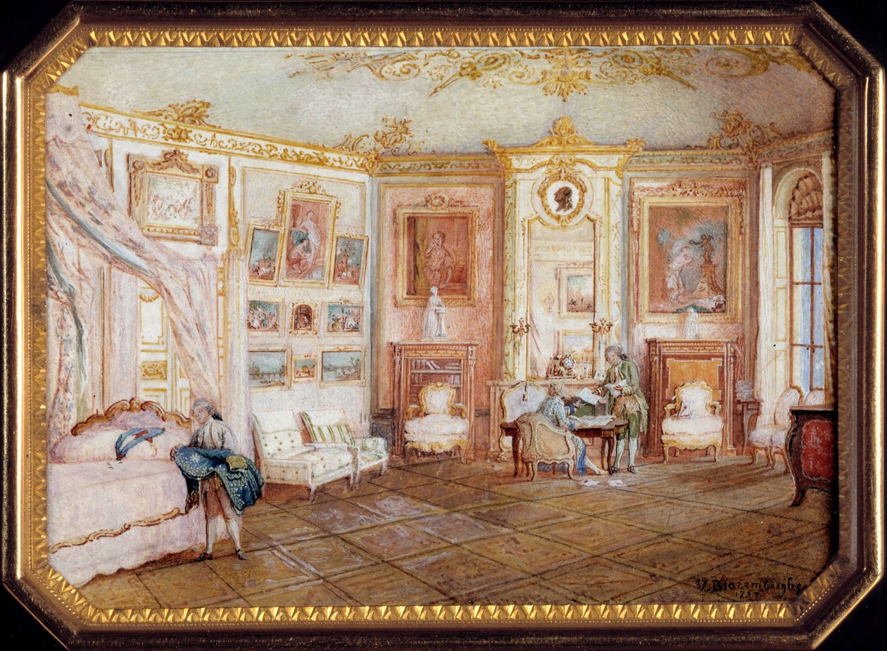 Lock till en tabatiere av Alexandre Leferre (ca. 1806-ca. 1838) dekorerad av en miniatyrmålning av Louis Nicolas Van Blarenberghe (1716-1794) föreställande ett rum under Ludvig XV. Omkring 1770. Sön 0,02x0,08x0,06 m Paris, Louvren av Louis Nicolas van Blarenberghe
