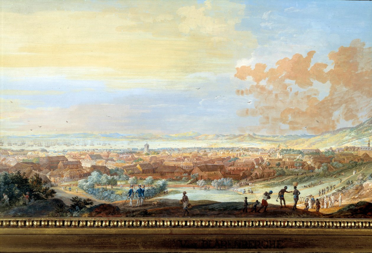 Vy över staden Cap francais (Cap de la Republique) utsikt från kullen i Santo Domingo Detalj. Målning av Louis Nicolas Van Blarenberghe (1716-1794) 1779 La Rochelle, Museum of the New World. av Louis Nicolas van Blarenberghe