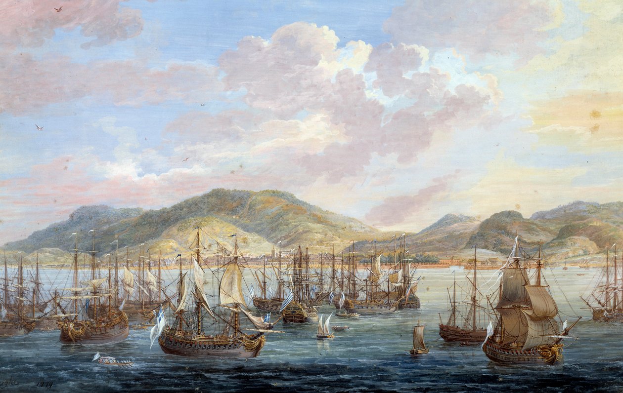 Vy över staden Cape francais (Cap de la Republique) havsutsikt i Santo Domingo Detalj. Målning av Louis Nicolas Van Blarenberghe (1716-1794) 1779 La Rochelle, New World Museum - Utsikt över staden The French Cap (Cap de la Republique), hav vi av Louis Nicolas van Blarenberghe