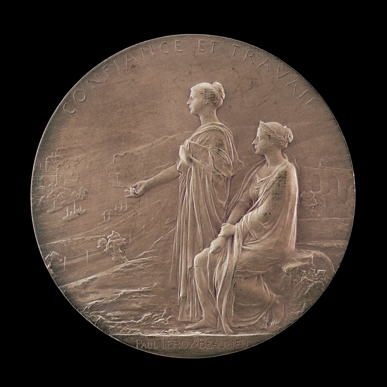 Personifieringar av tillit och industri i ett landskap [omvänd], 1900. av Louis Oscar Roty