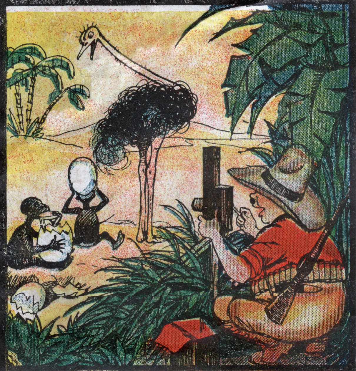 Nestor Fenleroc, europeisk kolon fotograferar en struts i Afrika. 1923 (gravyr) av Louis Peltier