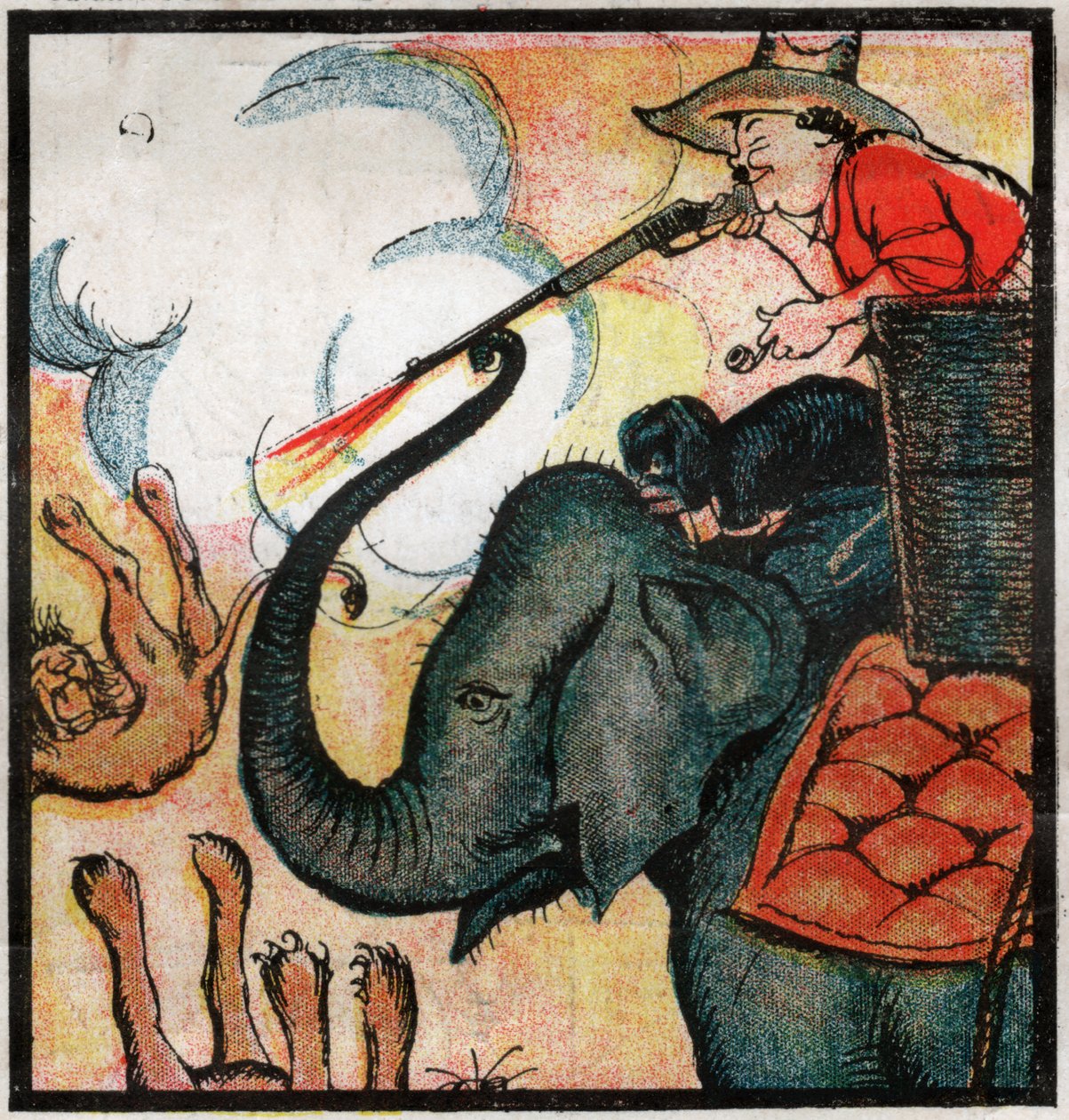 Nestor Fenleroc, europeisk bosättare dödar lejon genom att skjuta på en elefant i Afrika. 1923 (gravyr) av Louis Peltier
