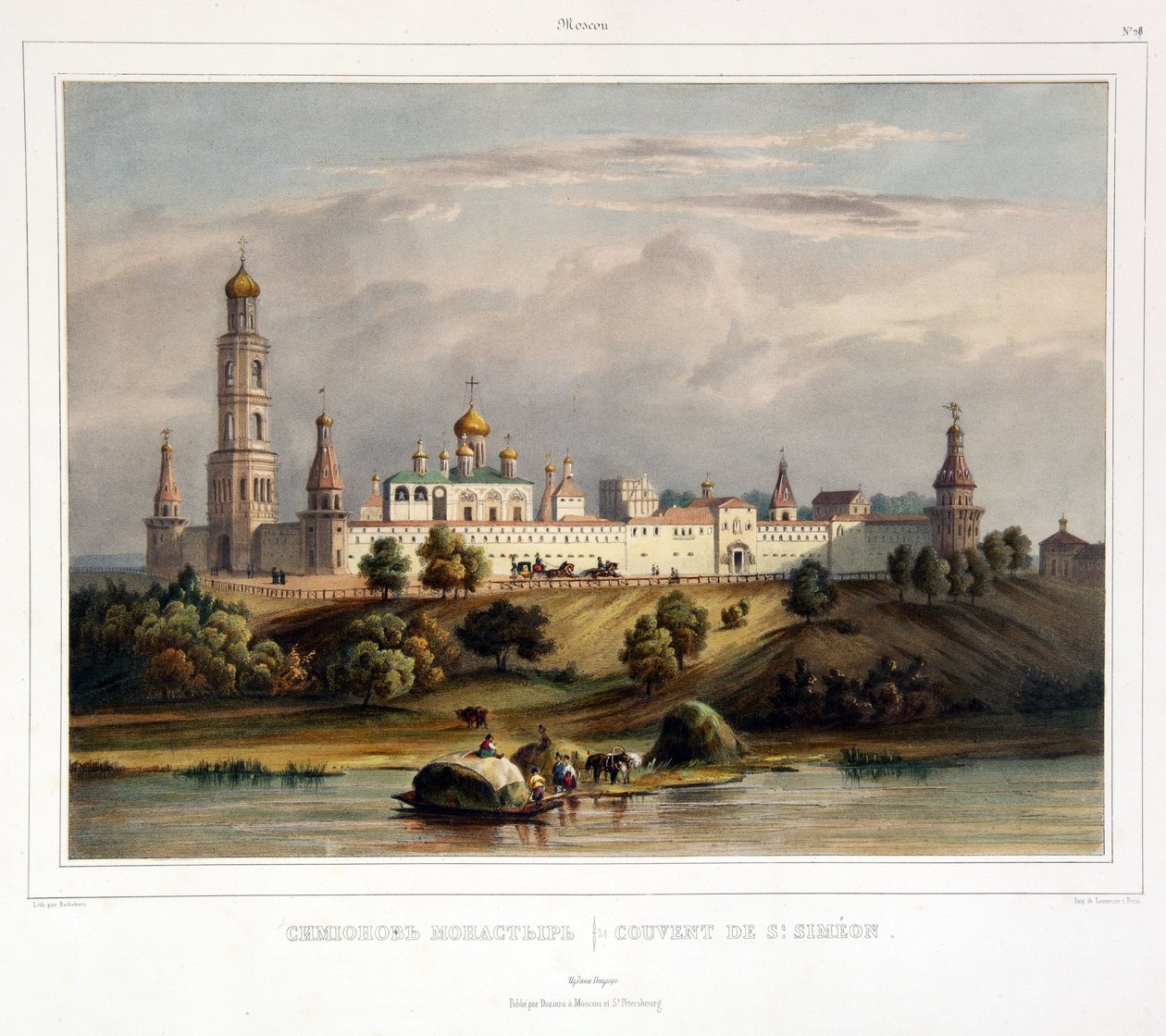 Klostret Saint Simon (Simeon), Moskva (Utsikt över Simonov-klostret i Moskva). Verk av Louis Pierre Alphonse Bichebois (1801-1850), gravyr färgad i akvarell, tidigt 1800-tal. Fransk konst, landskap, klassicism. Statens museum för A.S. av Louis Philippe Alphonse Bichebois