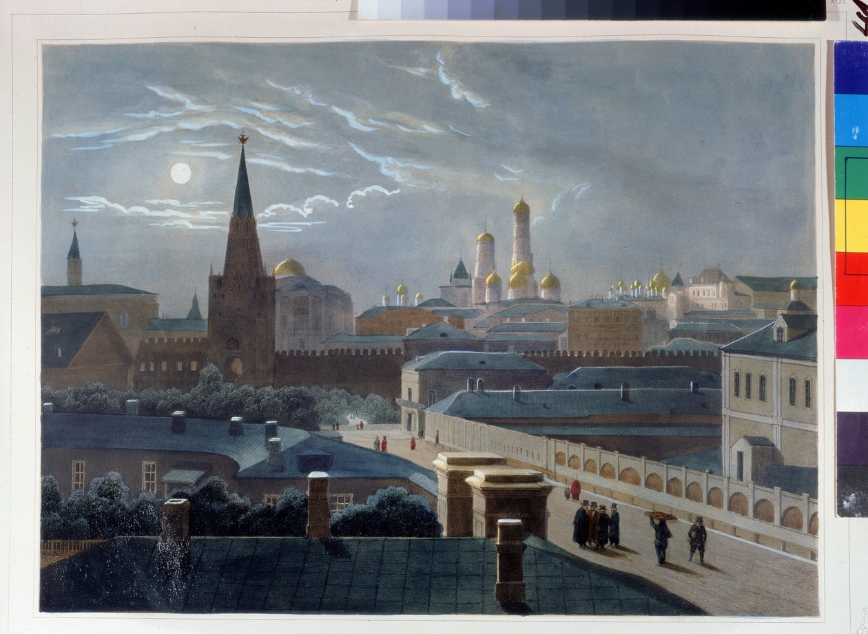 Utsikt över Kreml i Moskva. Teckning av Louis Pierre Alphonse Bichebois (1801-1850). Litografi färgad i akvarell, ca 1830-1840, fransk konst, klassicism. A. Pushkin Memorial Museum, Sankt Petersburg. ©FineArtImag av Louis Philippe Alphonse Bichebois