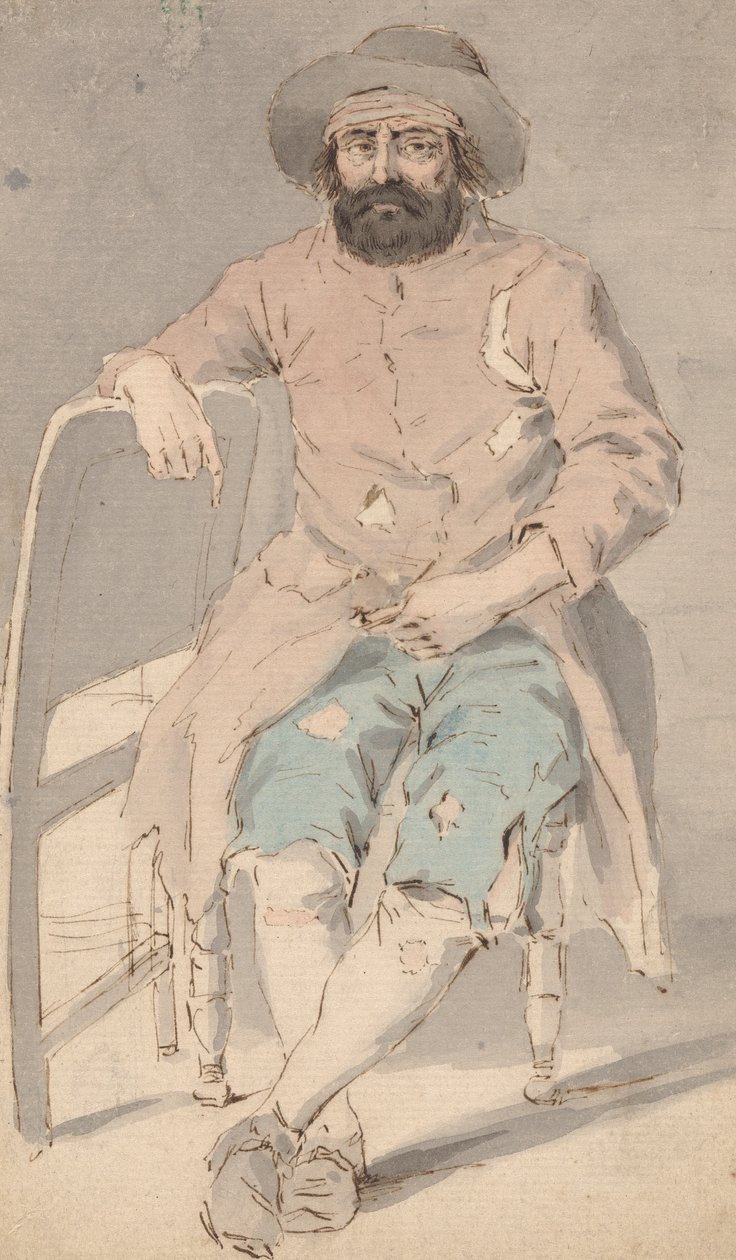 Man i trasiga kläder sitter med höger arm över en annan stol av Louis Philippe Boitard