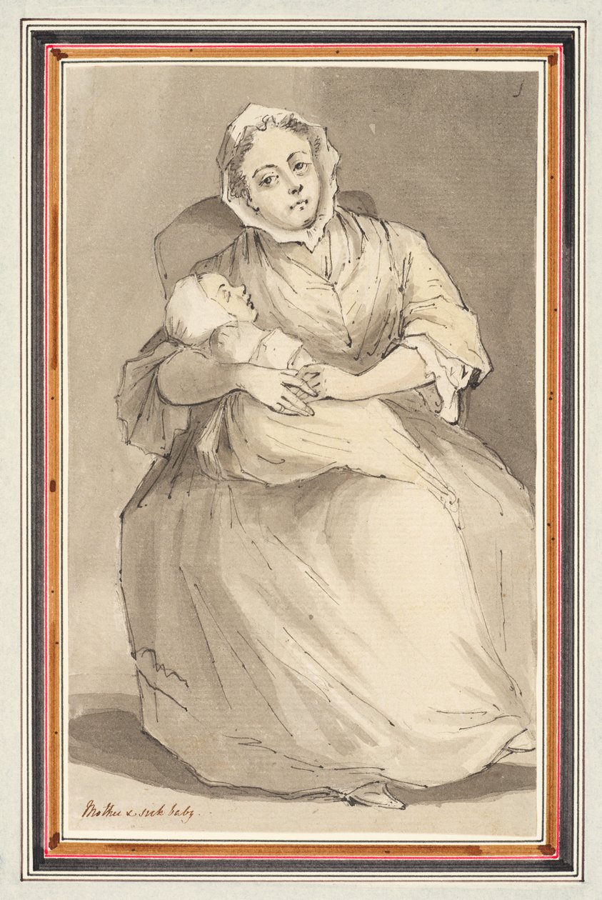Sittande kvinna & barn (penna, penna & bläck & akvarell på papper) av Louis Philippe Boitard
