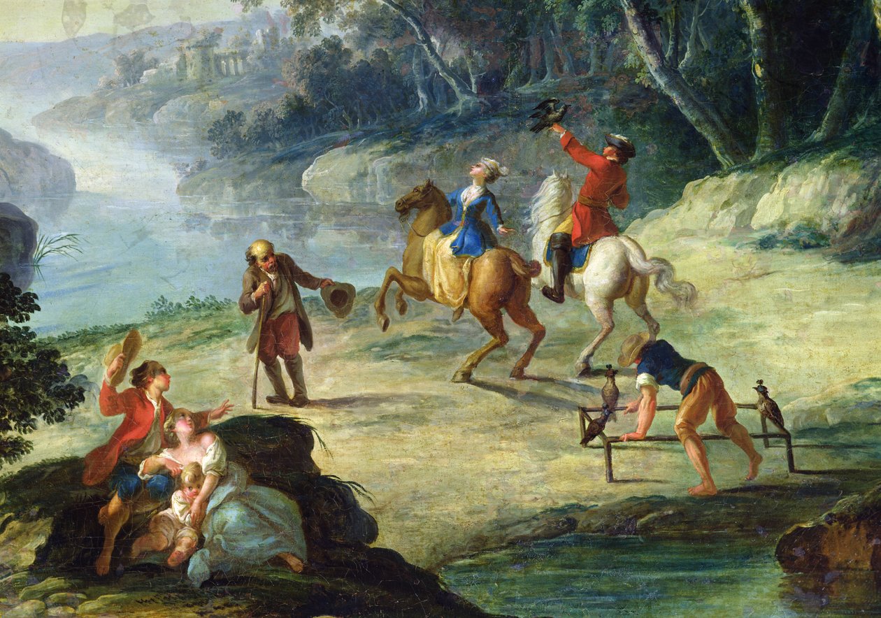 En jakt med falkar, detalj av en ryttare och en falkoner olja på duk av Louis Philippe Crepin